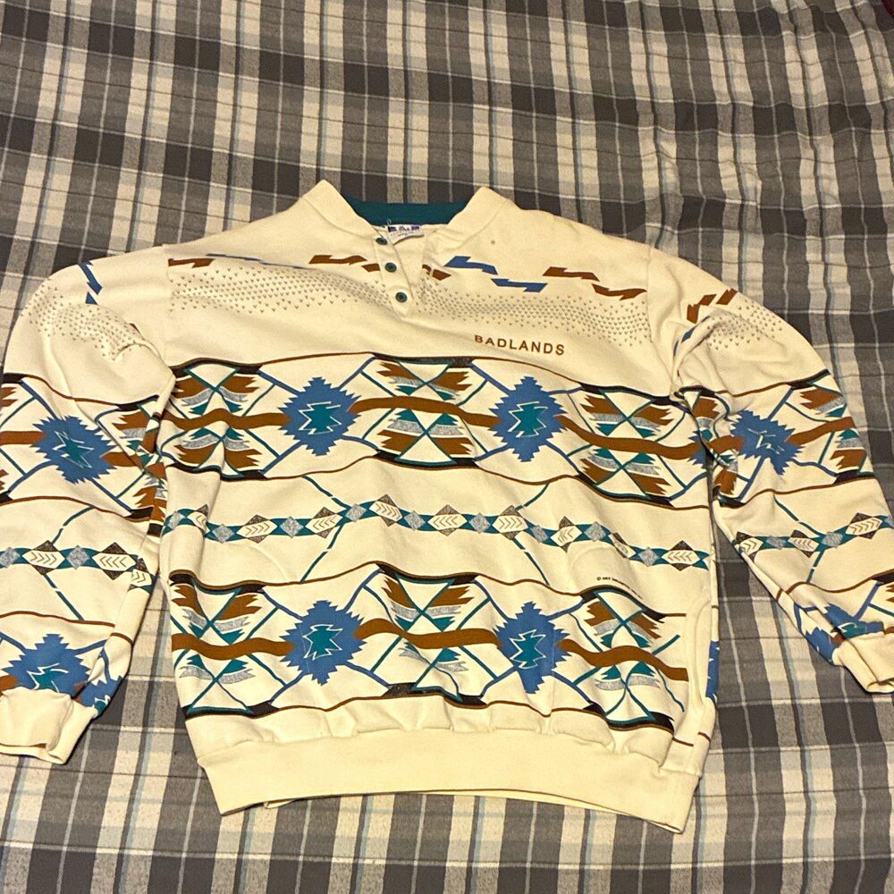 90s Art Unlimited Vintage Aztec Men's Henley Fleece Pullover Geometric PocketsXL